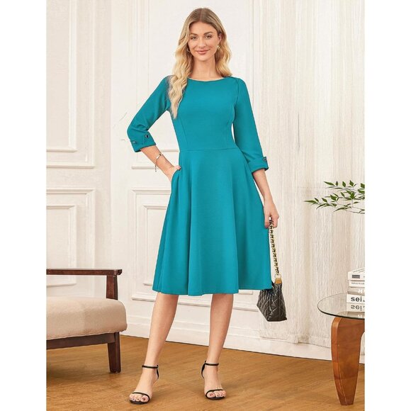 Grace Karin Women Peacock 3/4 Sleeve Fit and Flare Classy Dress with Pockets - Picture 3 of 4